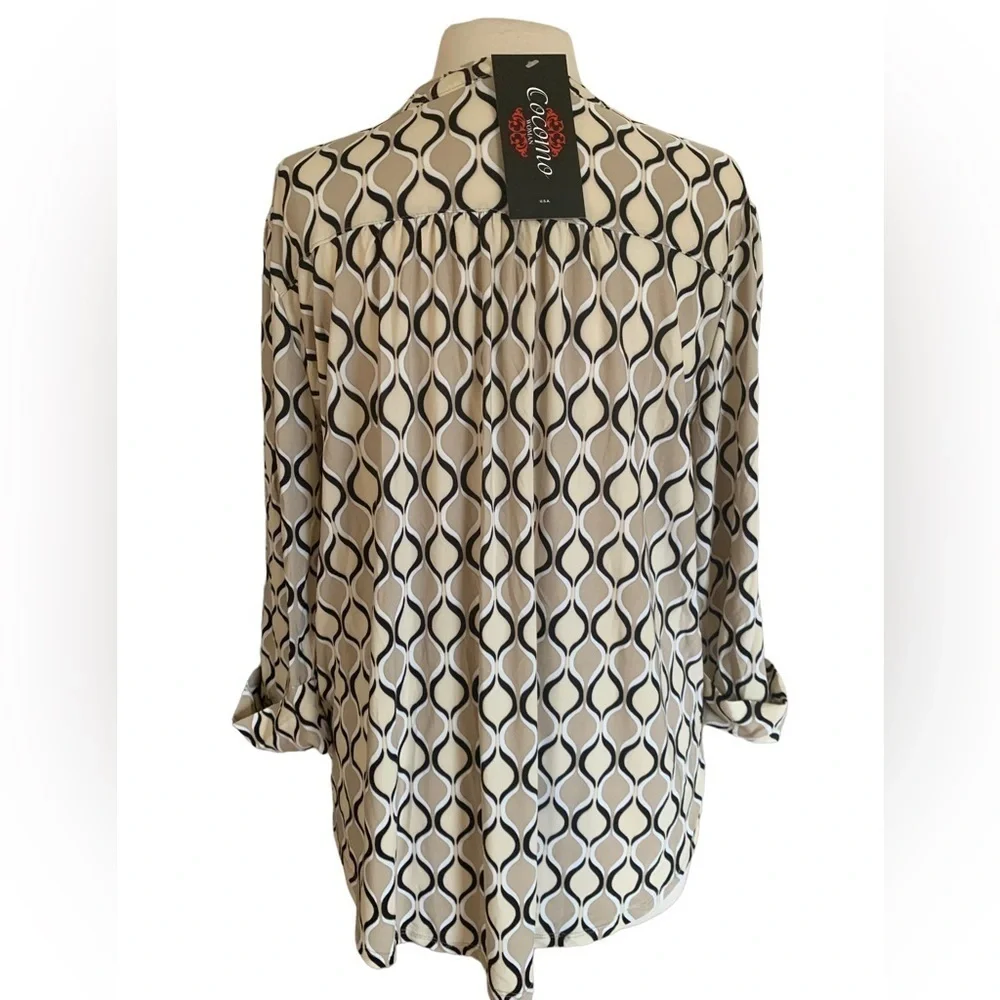 COCOMO 1X Beige Black White Plus Size 3/4 sleeve women's Pintuck Blouse